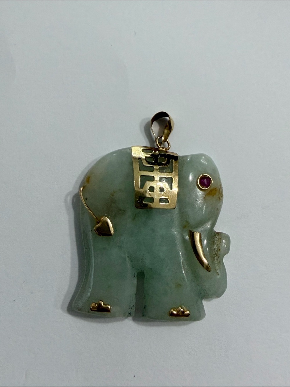 Green Jade Elephant Pendant Necklace with Gold Accents